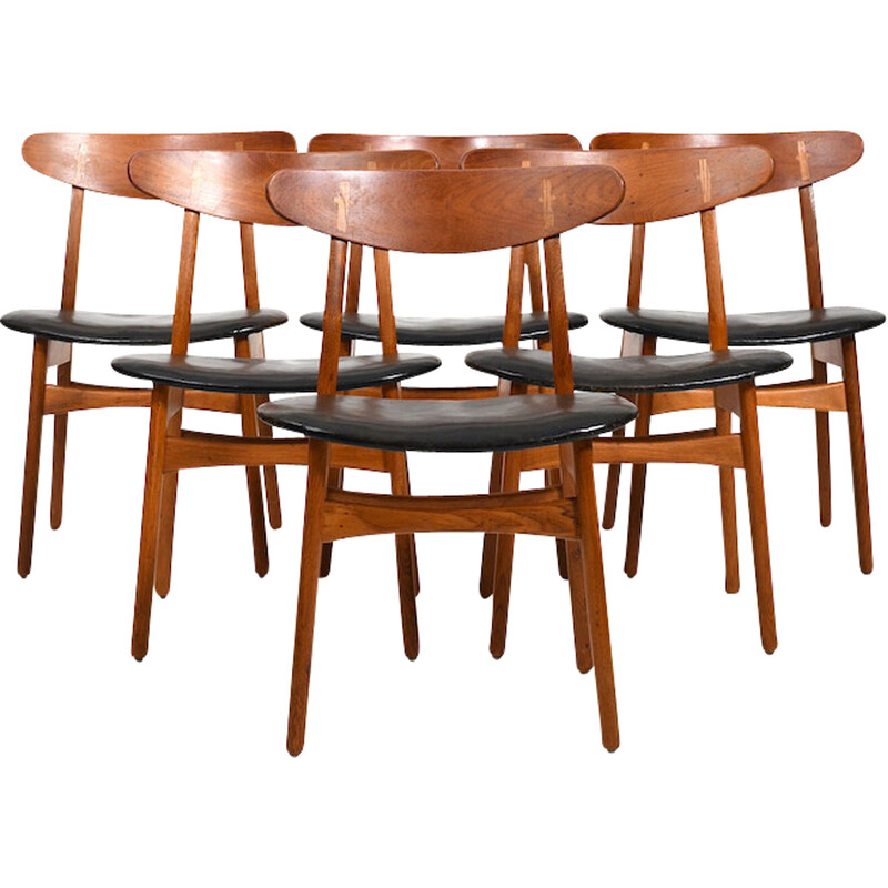 Set of 6 vintage Ch-30 chairs in wood and leather by Hans J. Wegner for Carl Hansen, Denmark 1950s