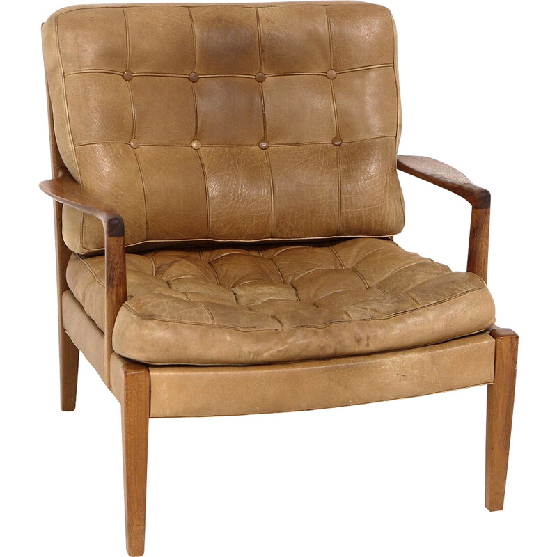 Vintage "Löven" armchair in teak and leather by Arne Norell, Sweden 1960s