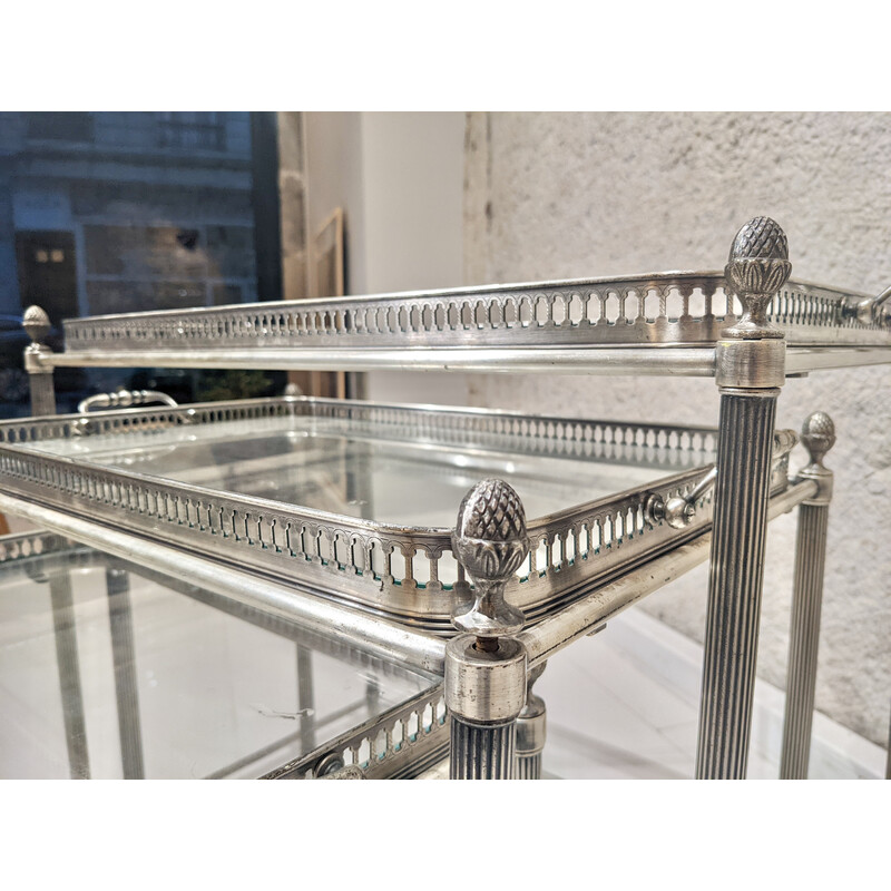 Vintage nesting serving table in silver metal and glass by Jansen, 1960