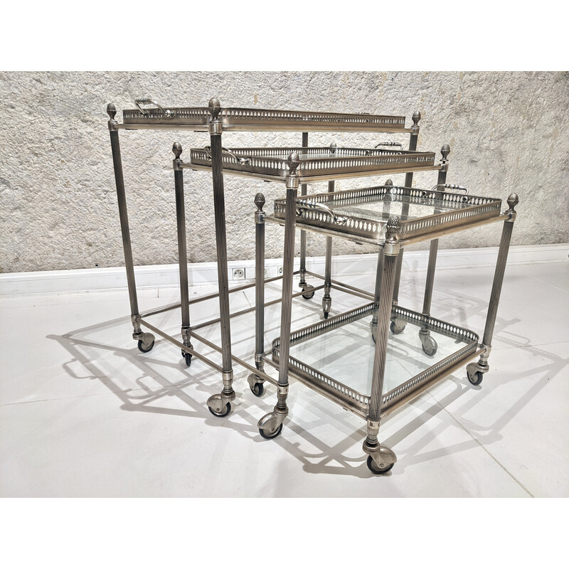 Vintage nesting serving table in silver metal and glass by Jansen, 1960