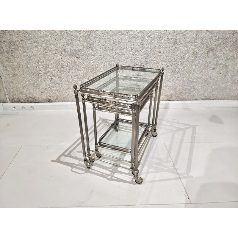 Vintage nesting serving table in silver metal and glass by Jansen, 1960
