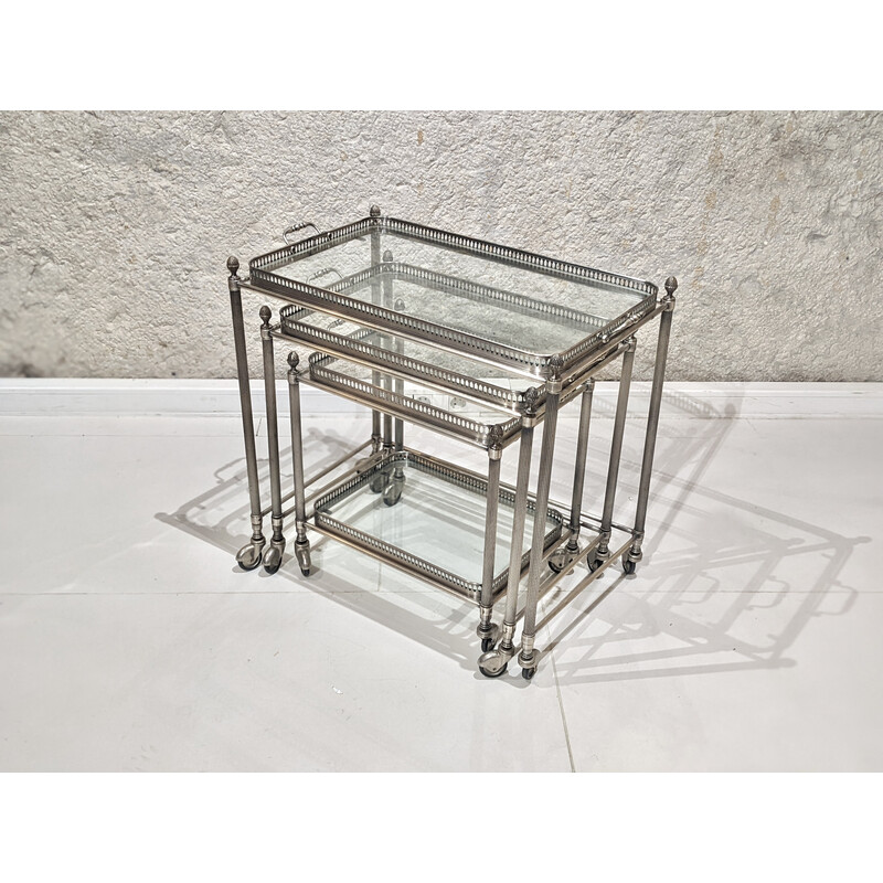 Vintage nesting serving table in silver metal and glass by Jansen, 1960