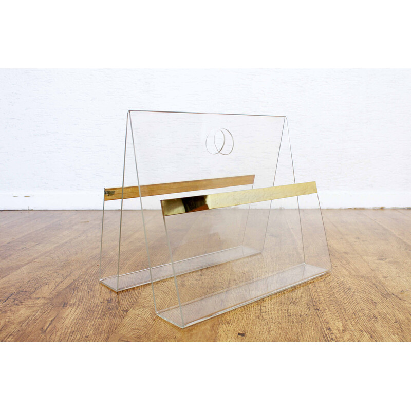 Vintage magazine rack in Plexiglas and brass, 1970s