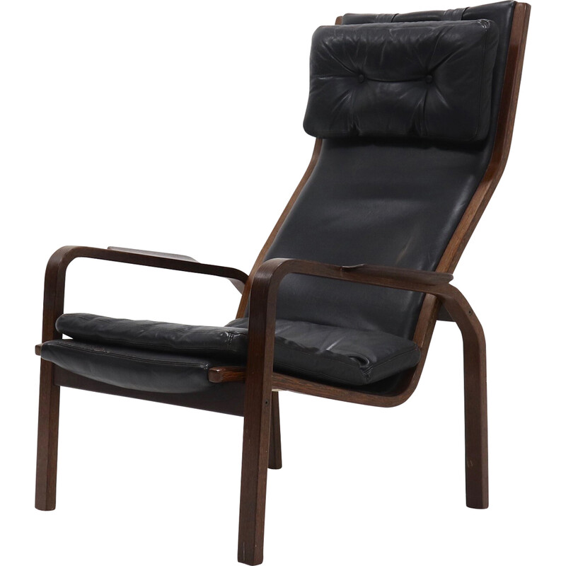 Scandinavian vintage lounge chair in wenge wood and leather by Yngve Ekstrom for Swedese Ab, Sweden 1960s