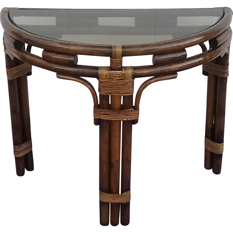 Vintage half moon console in bamboo and smoked glass