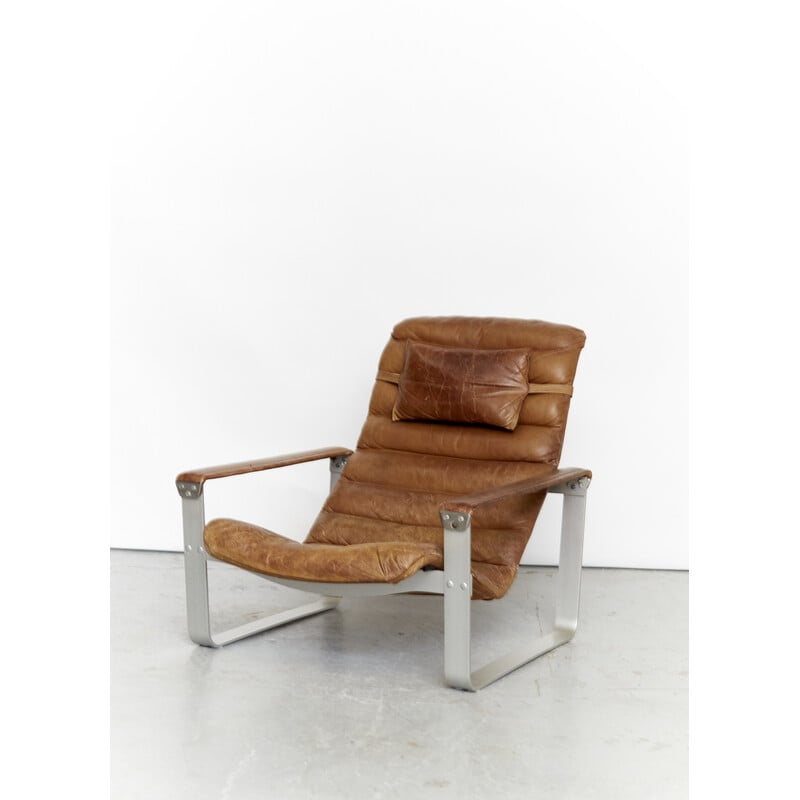 Fauteuil vintage "Pulkka" en aluminium et daim par Ilmari Lappalainen pour Asko, Finlande 1968