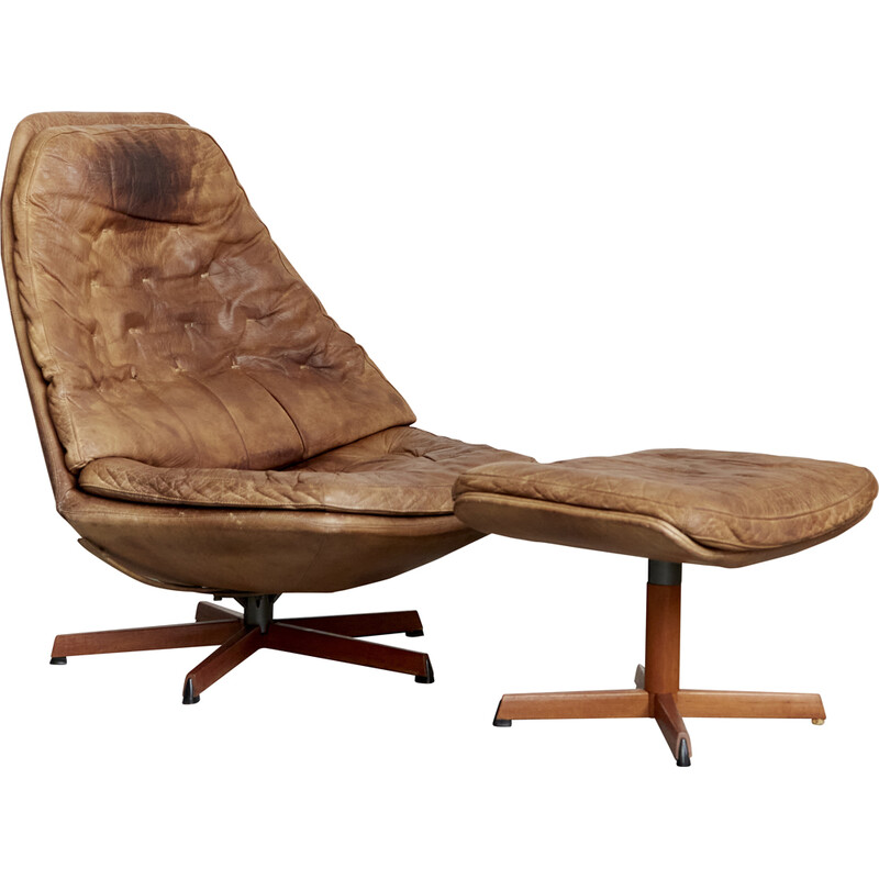 Vintage Ms-68 draaifauteuil en voetenbank van Madsen en Schübel, 1970.