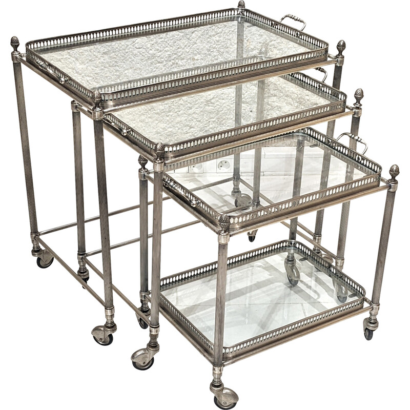 Vintage nesting serving table in silver metal and glass by Jansen, 1960