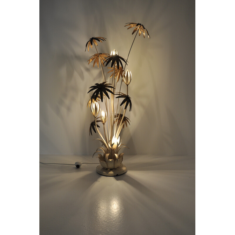 Vintage vloerlamp met bloemen in wit en goud metaal van Hans Kögl, 1970