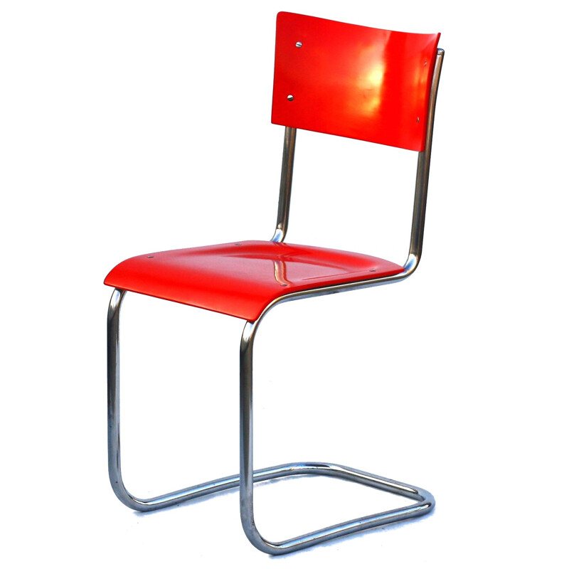 Red industrial chair with chrome piping - 1960s