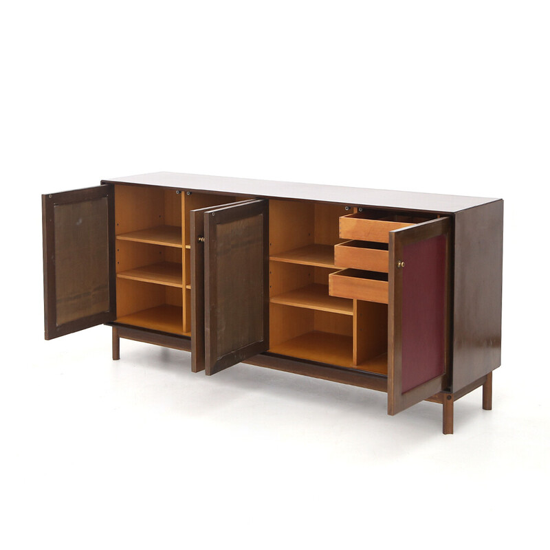 Vintage wooden sideboard with faux leather doors by Dino Frigerio for Frigerio, 1960s