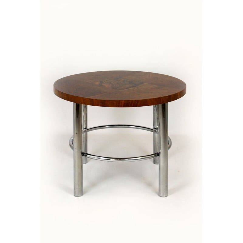 Vintage Bauhaus ronde tafel in walnoot en chroom van Robert Slezak, 1930