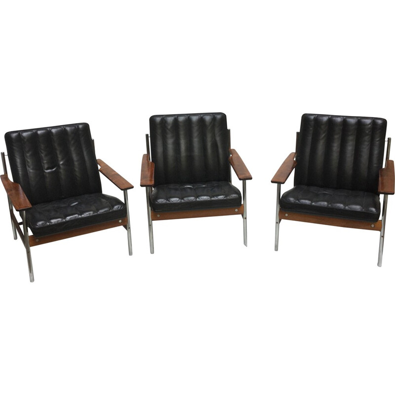 Lot de 3 fauteuils en cuir et palissandre de Rio par Sven Ivar Dysthe - 1960