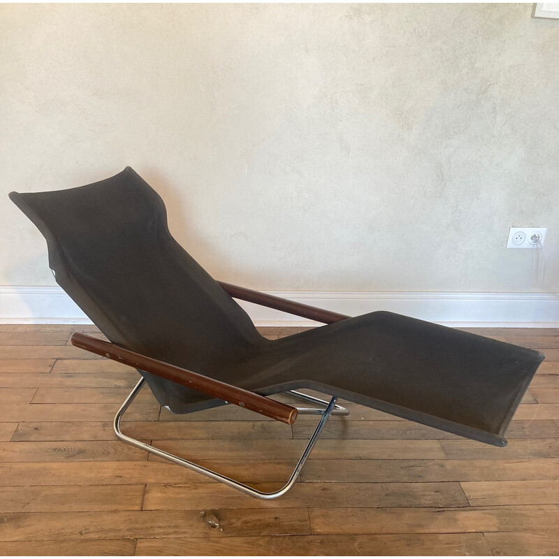 Vintage "ny" lounge chair in chrome-plated metal, wood and black fabric by Takeshi Nii for Jox Interni, 1958s