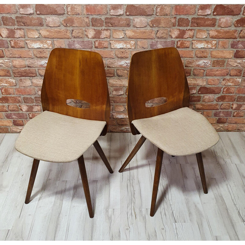 Pair of vintage Lollipop chairs in wood and beige velvet by Frantisek Jirak for Tatra Nabytok, Czechoslovakia 1960s