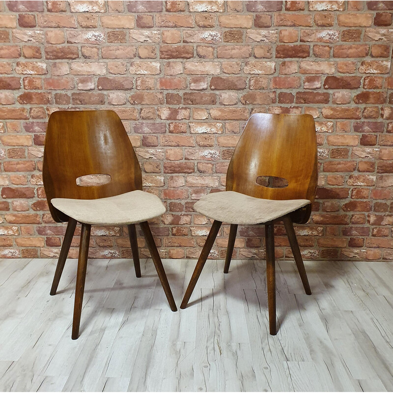 Pair of vintage Lollipop chairs in wood and beige velvet by Frantisek Jirak for Tatra Nabytok, Czechoslovakia 1960s