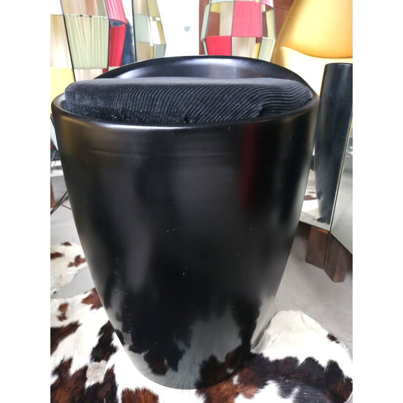 Vintage pouf in black plastic and black velvet, 1970s