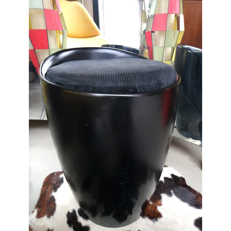 Vintage pouf in black plastic and black velvet, 1970s