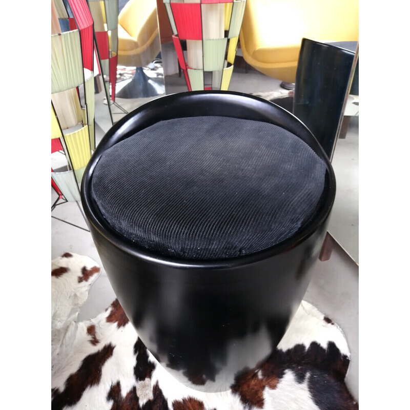 Vintage pouf in black plastic and black velvet, 1970s