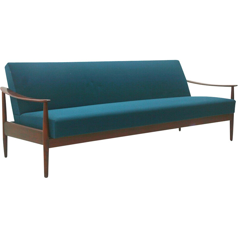 Sofa bed in walnut with original petrol blue cover - 1960s