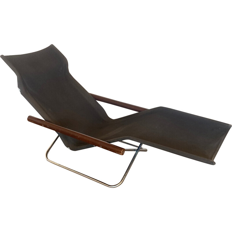 Vintage "ny" lounge chair in chrome-plated metal, wood and black fabric by Takeshi Nii for Jox Interni, 1958s