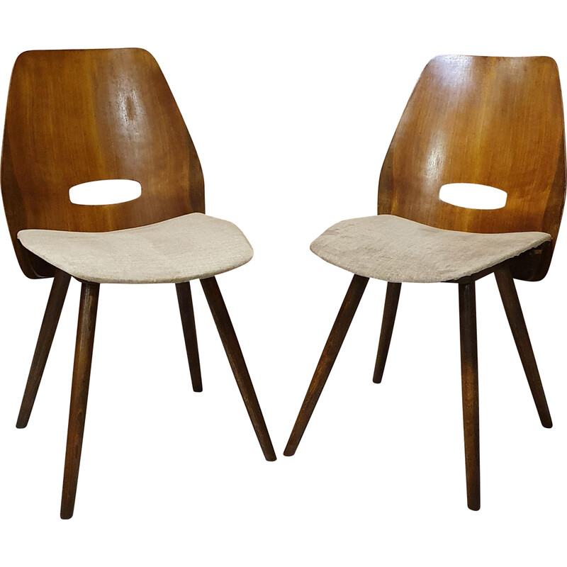 Pair of vintage Lollipop chairs in wood and beige velvet by Frantisek Jirak for Tatra Nabytok, Czechoslovakia 1960s