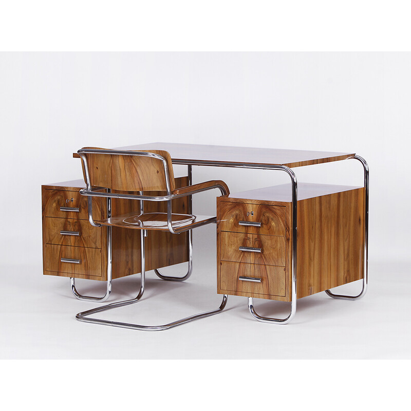 Vintage desk with tubular steel chair by Gottwald and Slezak, 1930s