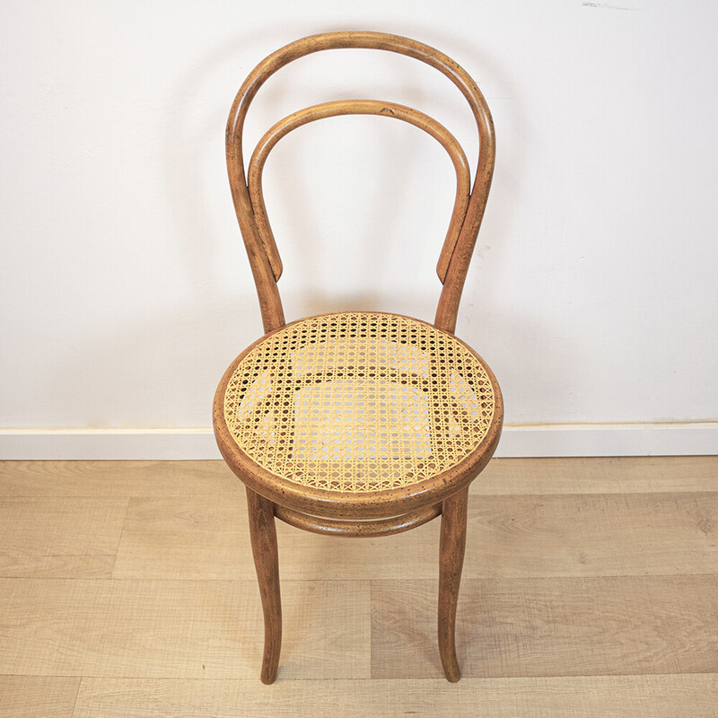 Vintage stoel 14 in gebogen hout, eikenhout en gevlochten rotan van Thonet, Oostenrijk