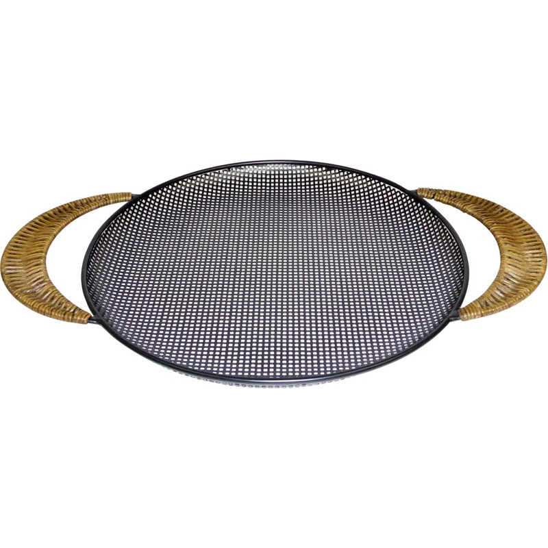 Round black tray with rattan handles - 1950s