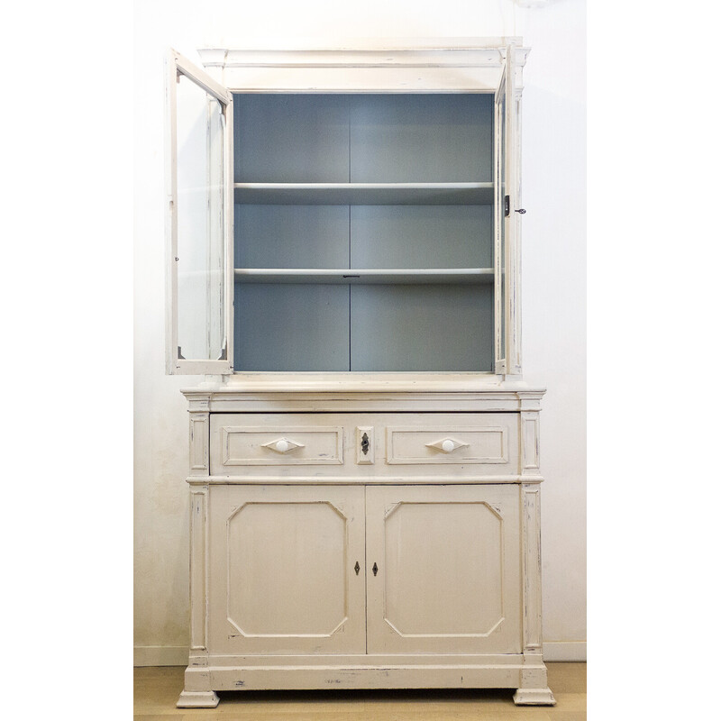 Armoire vintage en noyer crème avec vitrine, Espagne