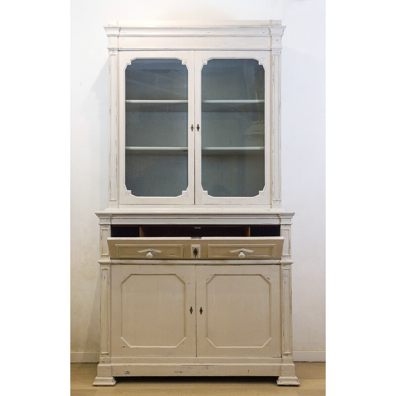 Vintage cream walnut cabinet with display cabinet, Spain