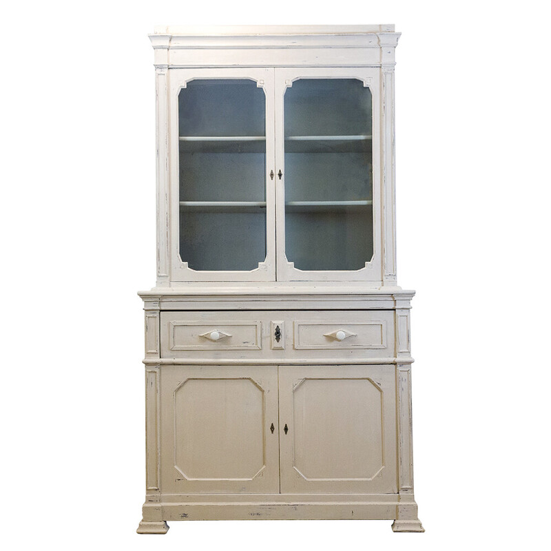 Vintage cream walnut cabinet with display cabinet, Spain