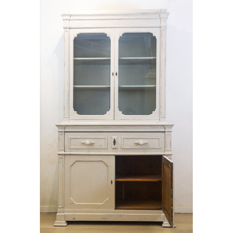 Vintage cream walnut cabinet with display cabinet, Spain