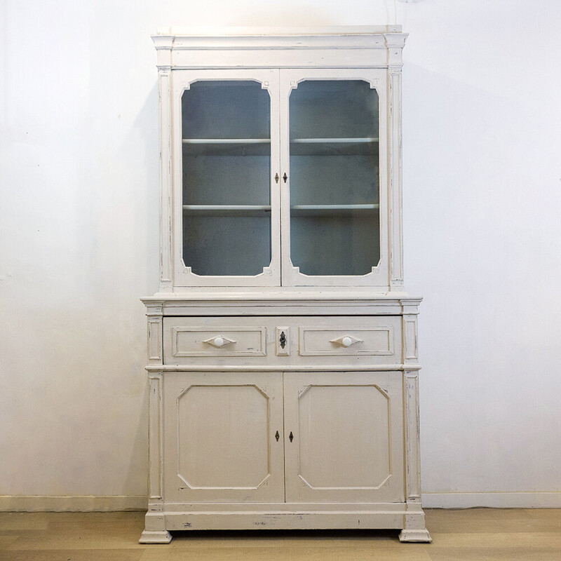 Vintage cream walnut cabinet with display cabinet, Spain