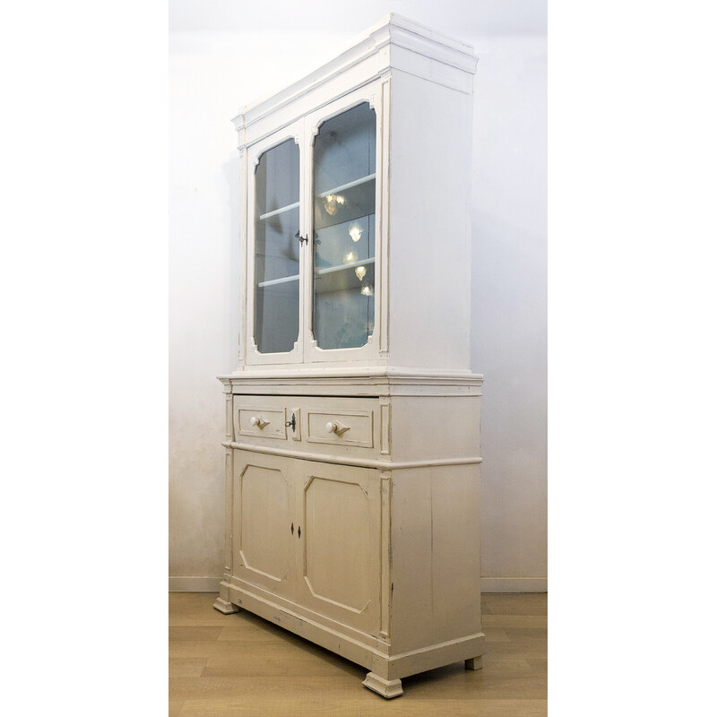 Vintage cream walnut cabinet with display cabinet, Spain