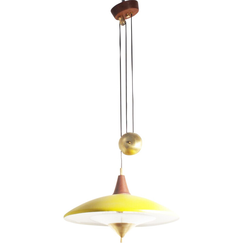Yellow hanging lamp in aluminum and brass - 1950s 