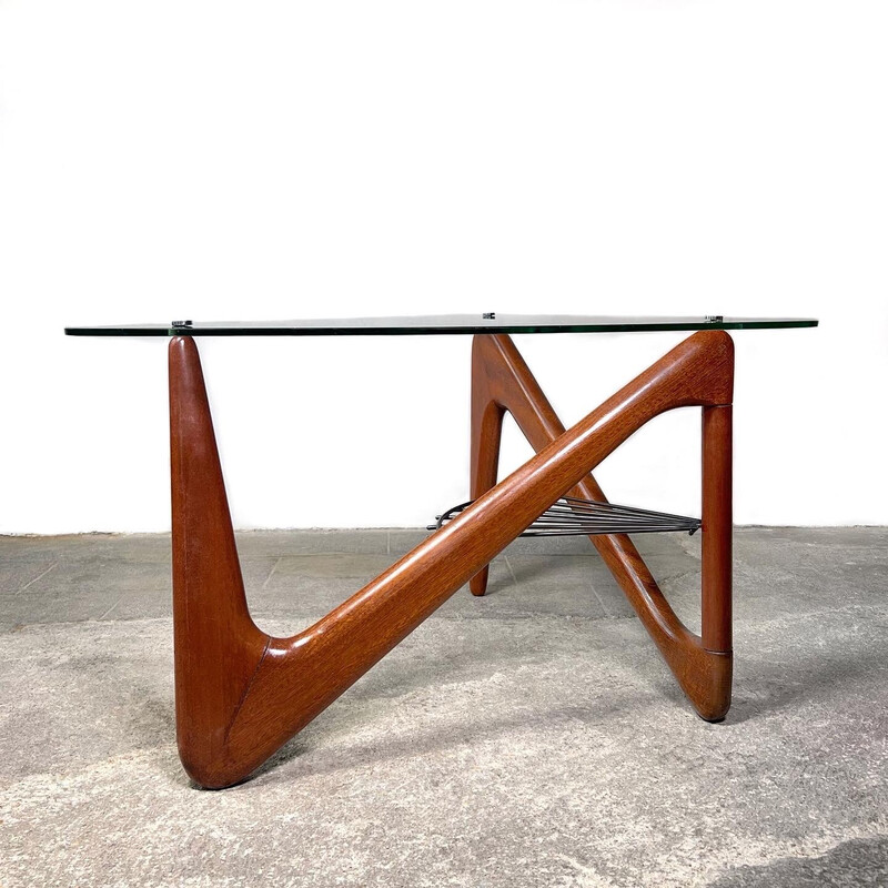 Vintage zig-zag coffee table in glass, brass and mahogany by Louis Sognot, France 1950s