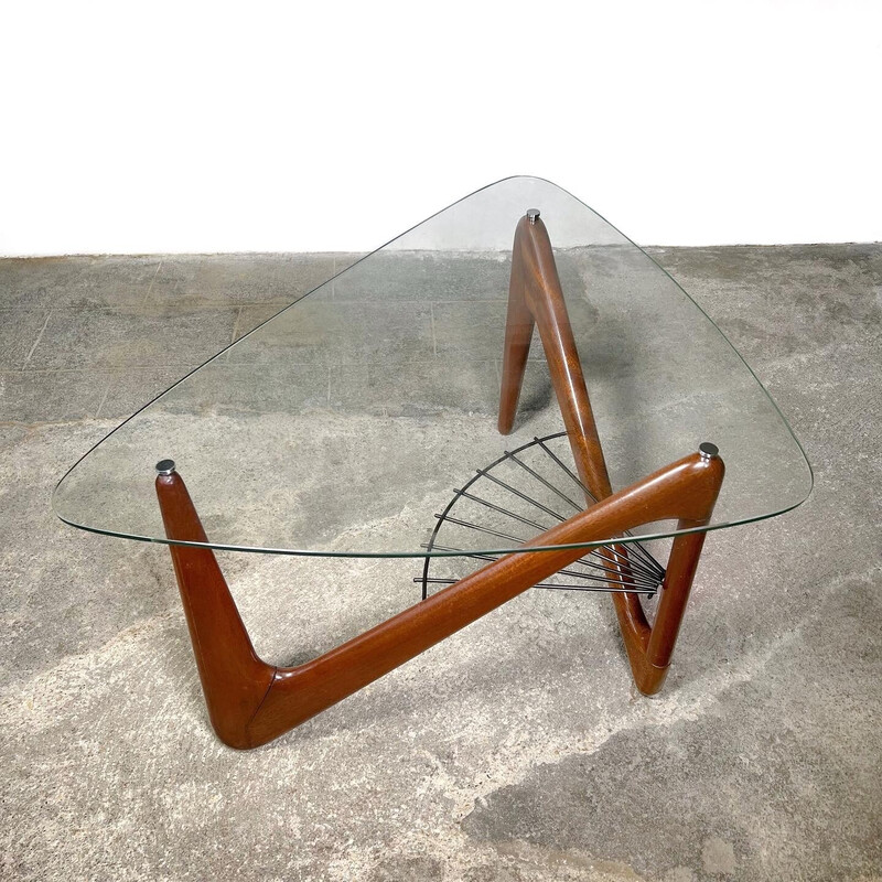Mesa de centro vintage en zig-zag de cristal, latón y caoba de Louis Sognot, Francia 1950