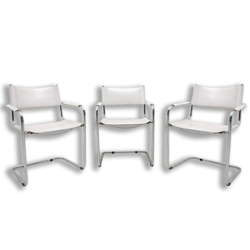 Set of 3 vintage B-34 armchairs in steel, leather and chrome by Marcel Breuer, 1970s