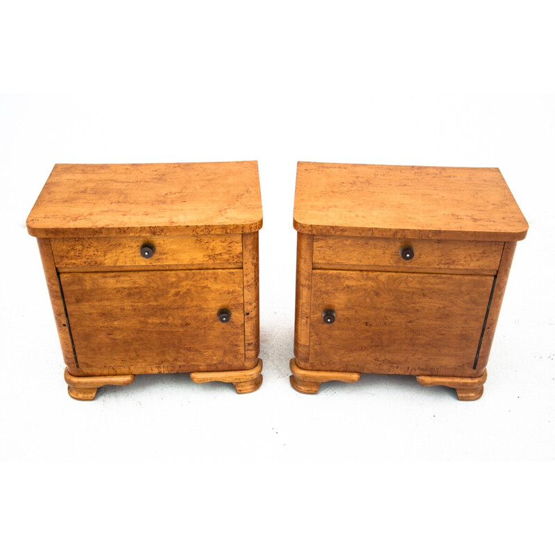 Pair of vintage Art Deco oakwood night stands, Poland 1960s