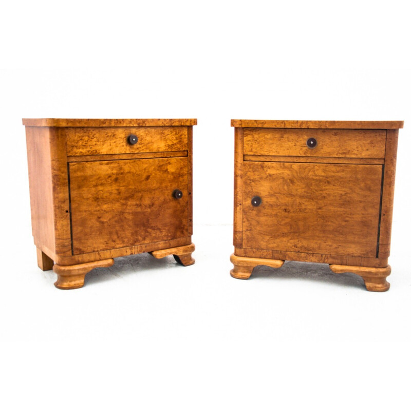 Pair of vintage Art Deco oakwood night stands, Poland 1960s