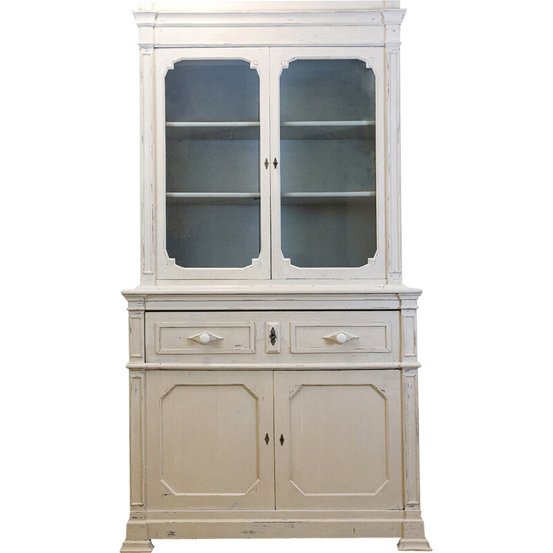 Vintage cream walnut cabinet with display cabinet, Spain