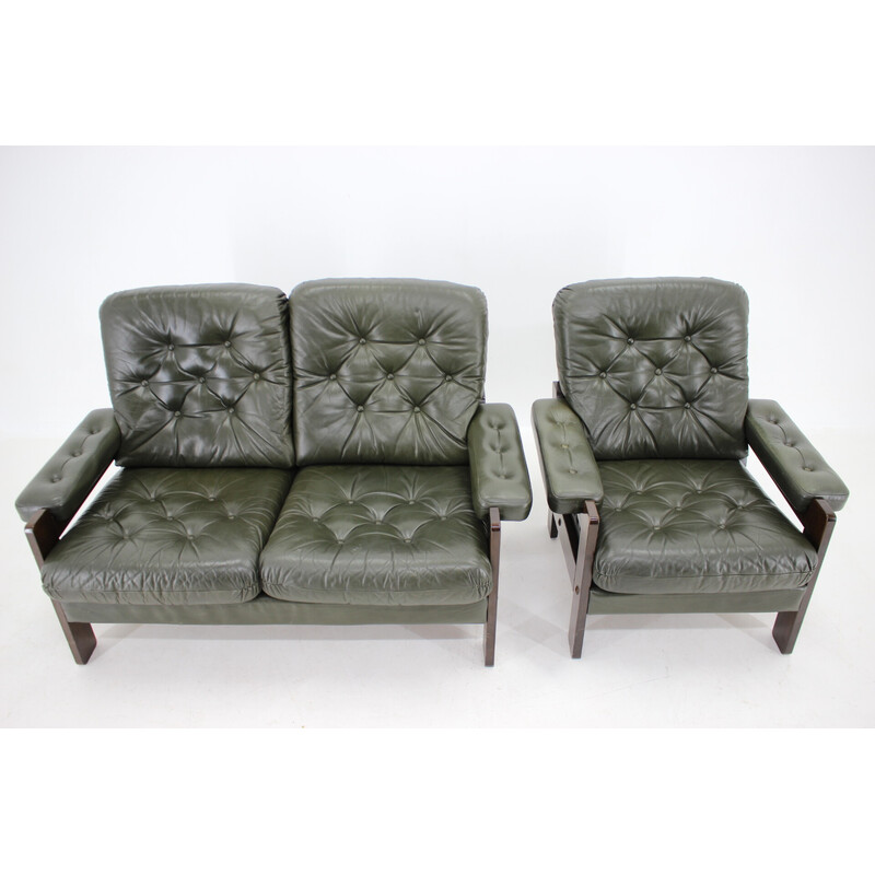 Sofá vintage de 2 plazas con sillón de cuero verde oscuro, Dinamarca años 70