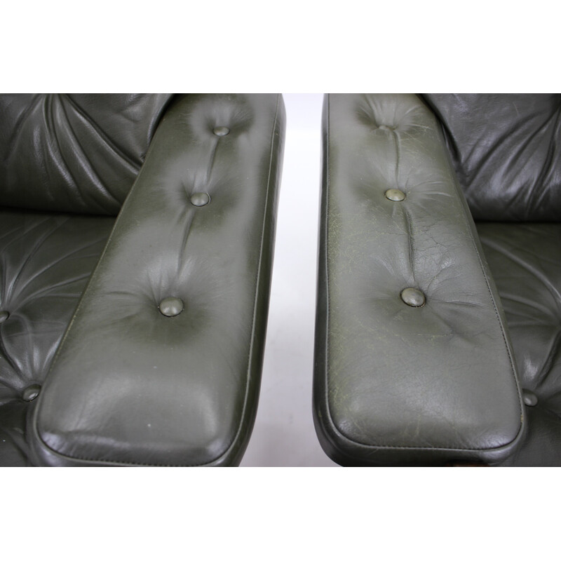 Vintage 2 seater sofa with armchair in dark green leather, Denmark 1970s
