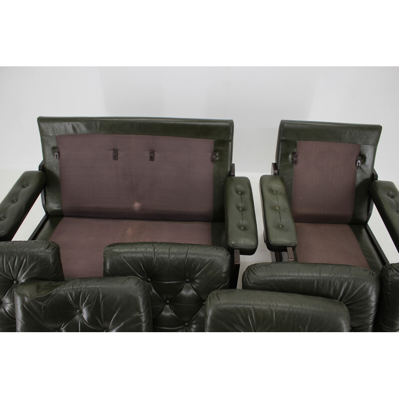 Sofá vintage de 2 plazas con sillón de cuero verde oscuro, Dinamarca años 70