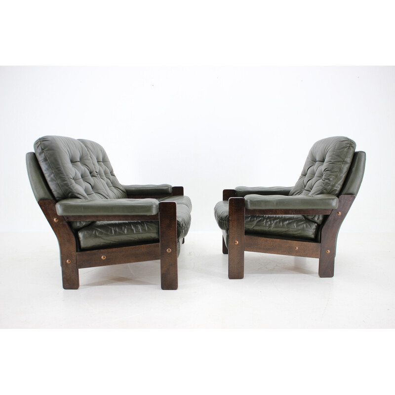 Vintage 2-zitsbank met donkergroene lederen fauteuil, Denemarken 1970