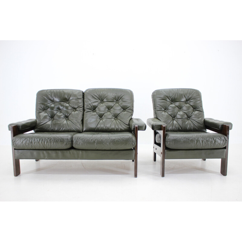 Sofá vintage de 2 plazas con sillón de cuero verde oscuro, Dinamarca años 70