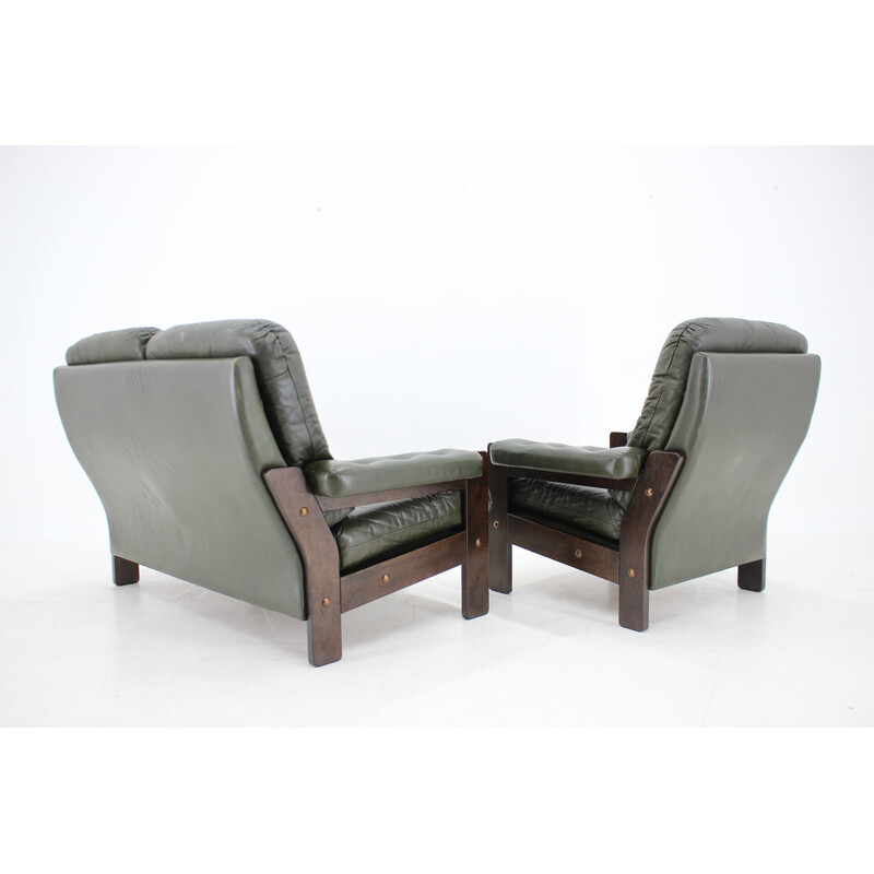 Vintage 2-zitsbank met donkergroene lederen fauteuil, Denemarken 1970