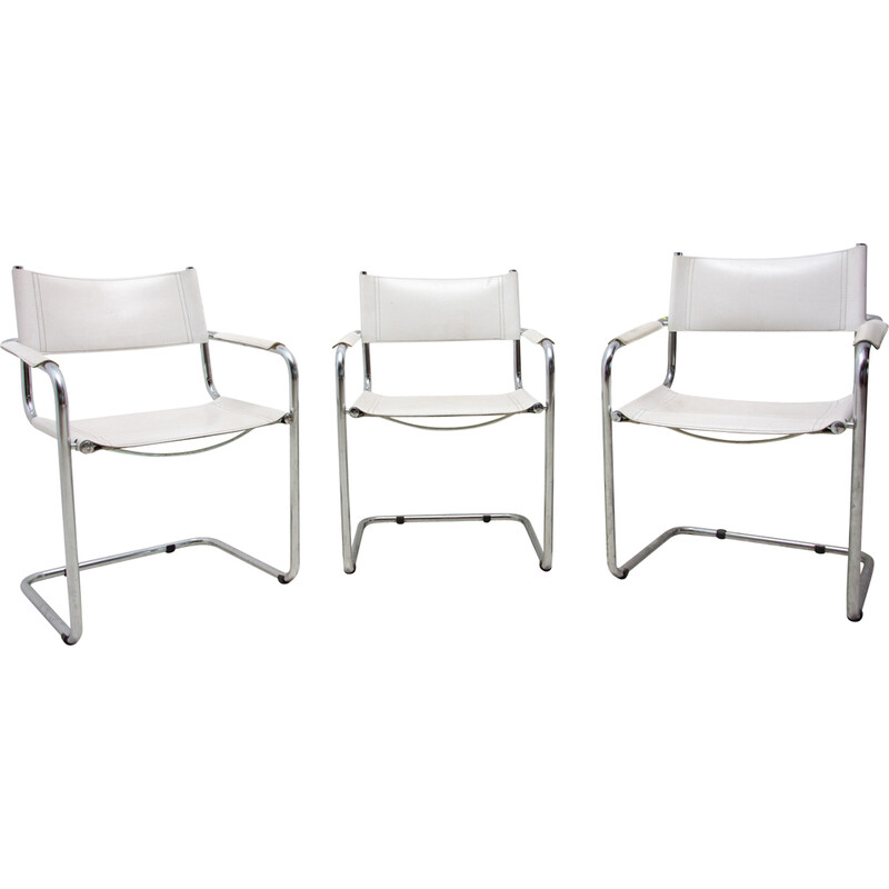 Set of 3 vintage B-34 armchairs in steel, leather and chrome by Marcel Breuer, 1970s