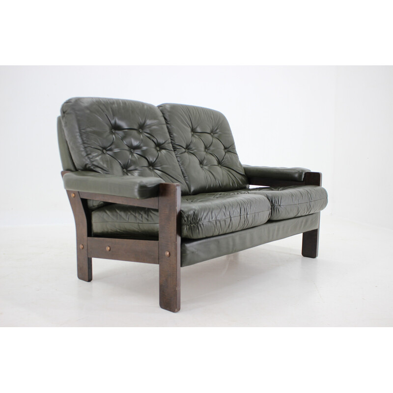 Vintage dark green leather 2-seater sofa, Denmark 1970s